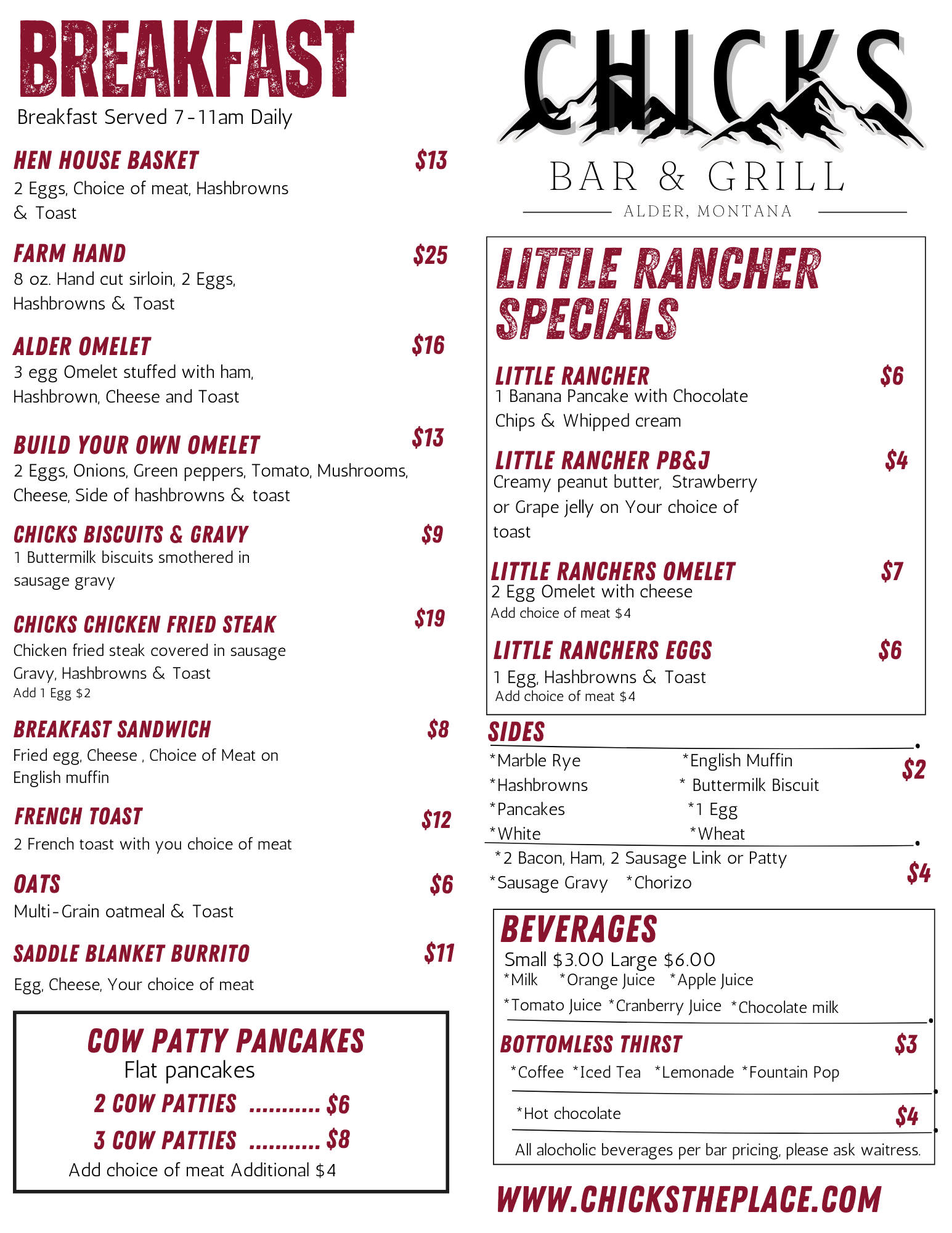 Chicks Montana Breakfast Menu