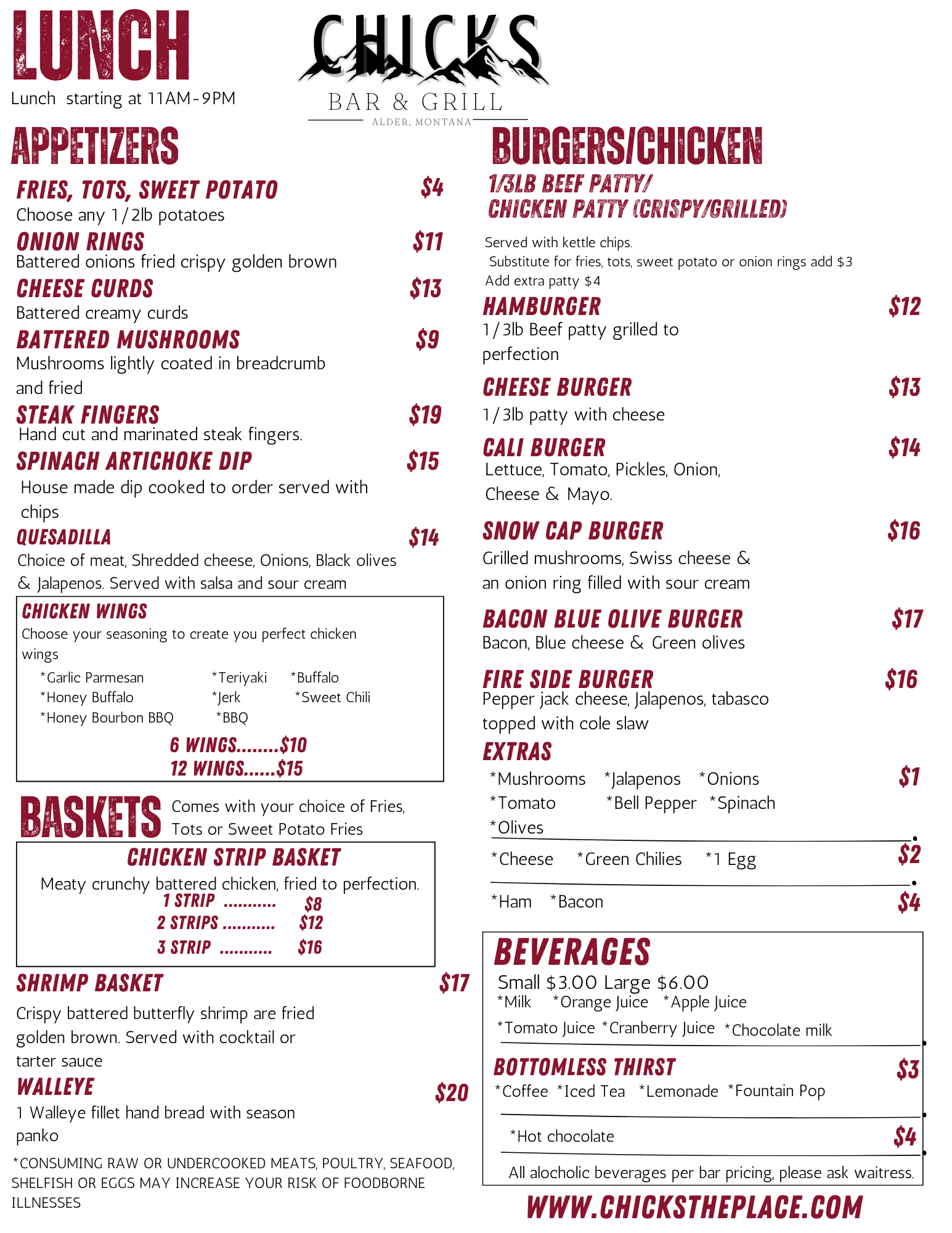 Chicks Montana Lunch Menu
