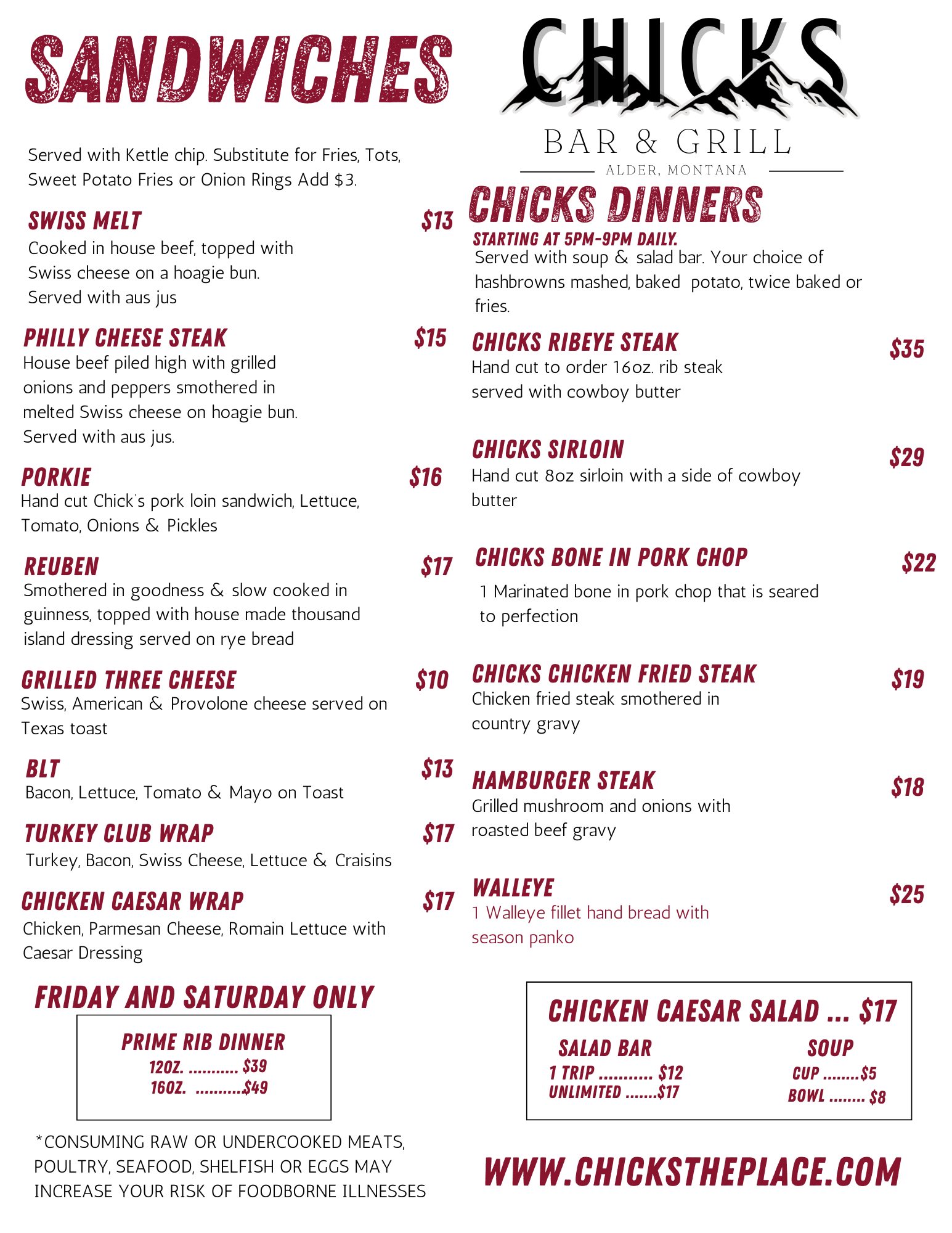 Chicks Montana Dinner Menu